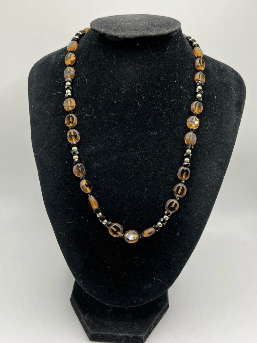 Vintage Faux Tortoiseshell Faceted Black Glass Beaded Necklace 18”
